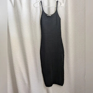 Lusana Open Knit Crochet Black Midi‎ Dress Cover-up With Slit Women's Small